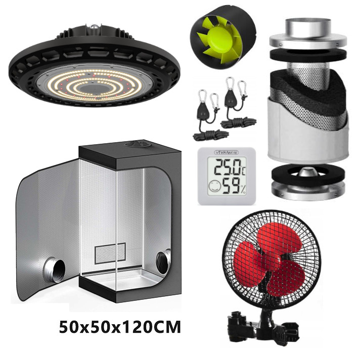 Growbox zestaw (50×50×120 cm) z lampą UFO 100W – kompletny zestaw do uprawy roślin (0,25 m²)
