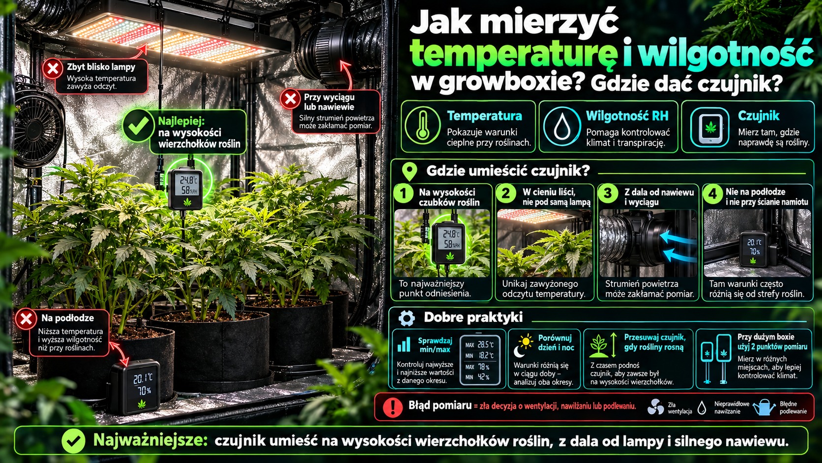 Jak mierzyć temperaturę i wilgotność w growboxie? Gdzie dać czujnik?
