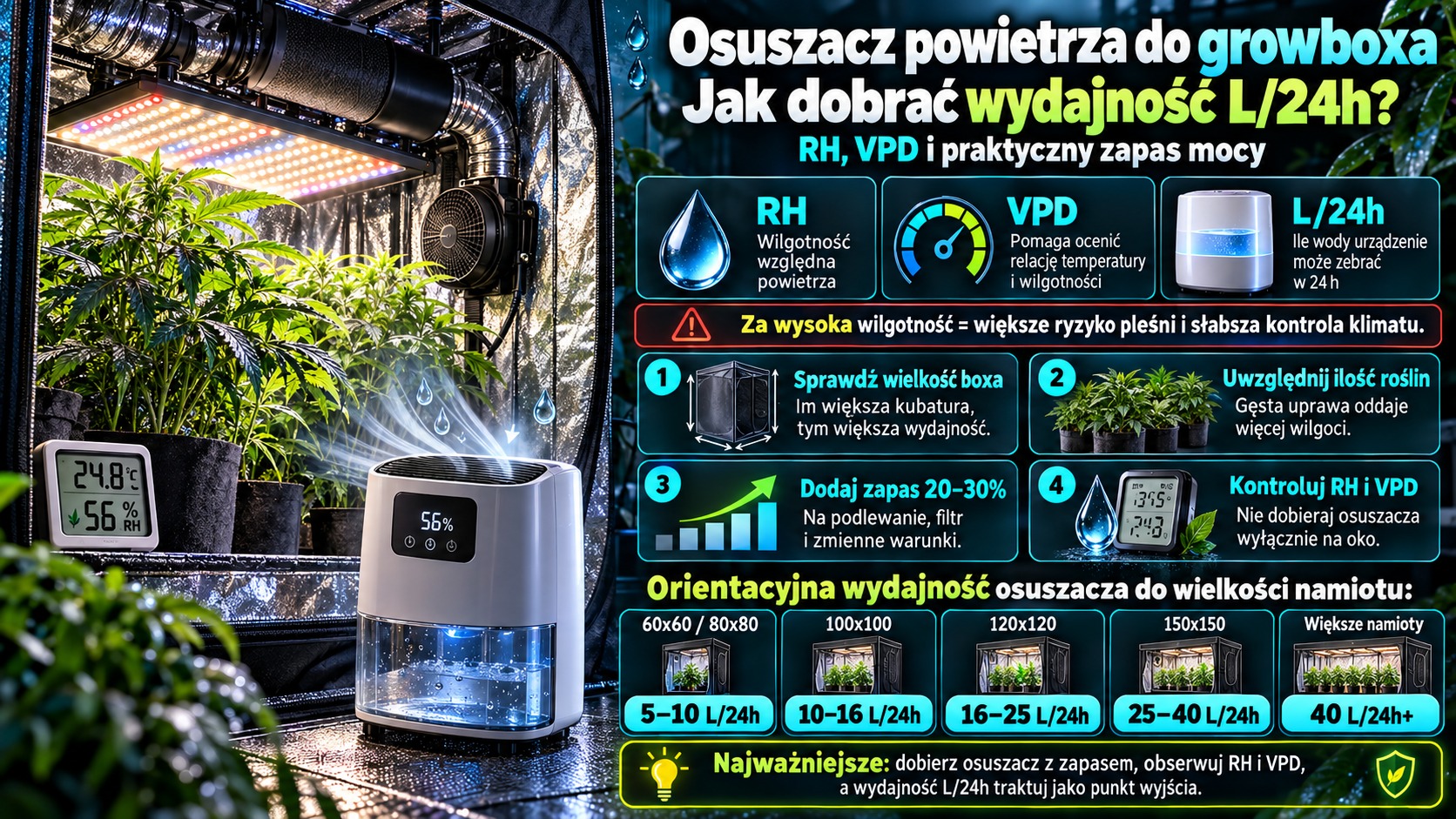 Osuszacz powietrza do growboxa. Jak dobrać wydajność L/24h?